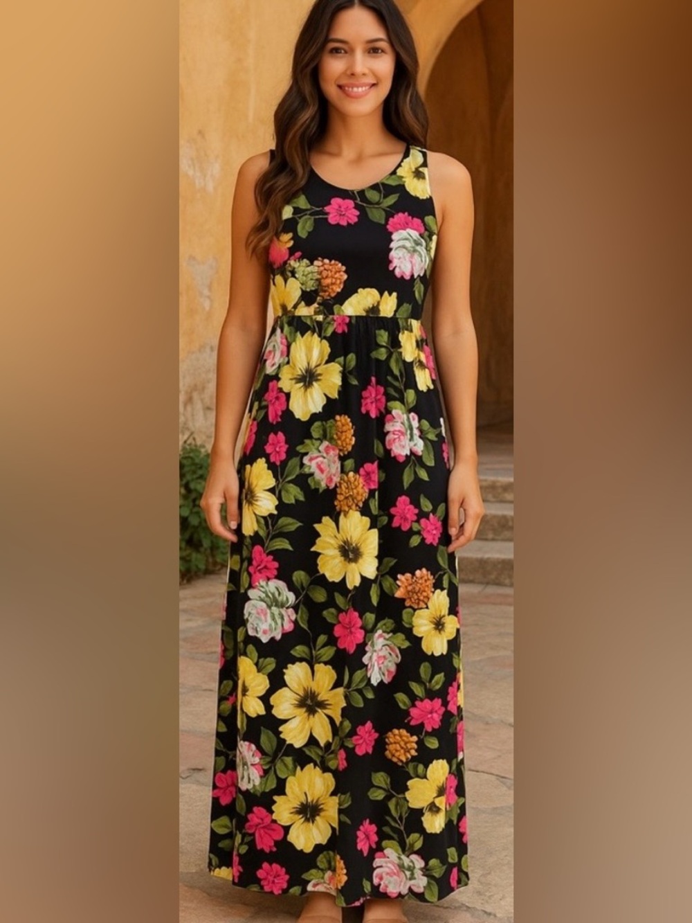 Floral Maxi Dress Black Multicolor Sleeveless Boho Spring Summer Small